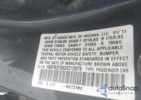 2013 Honda Civic Lx из США, поврежденный, VIN 19XFB2F56DE212076